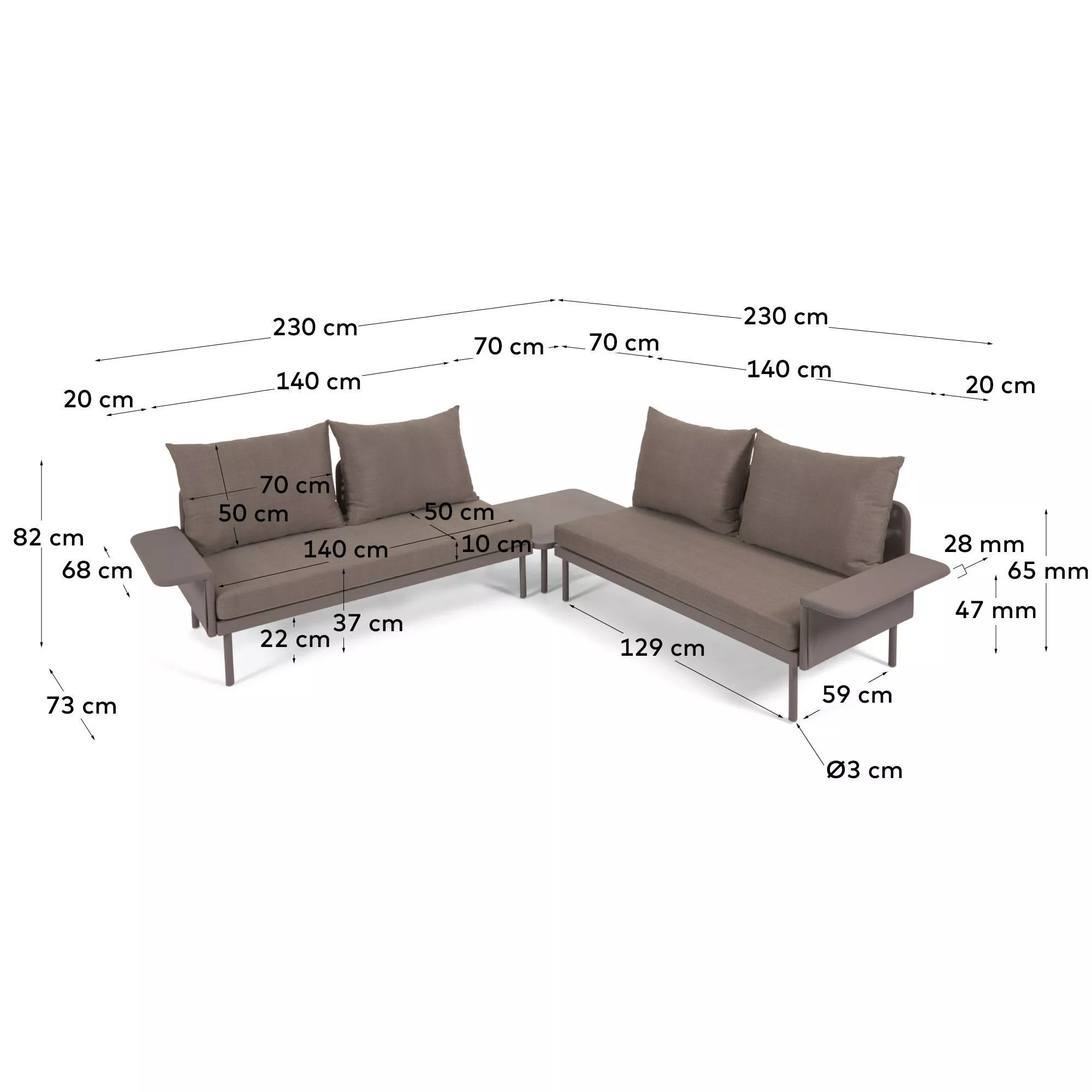 Угловой алюминиевый диван La Forma Zaltana с коричневой матовой отделкой 164 см