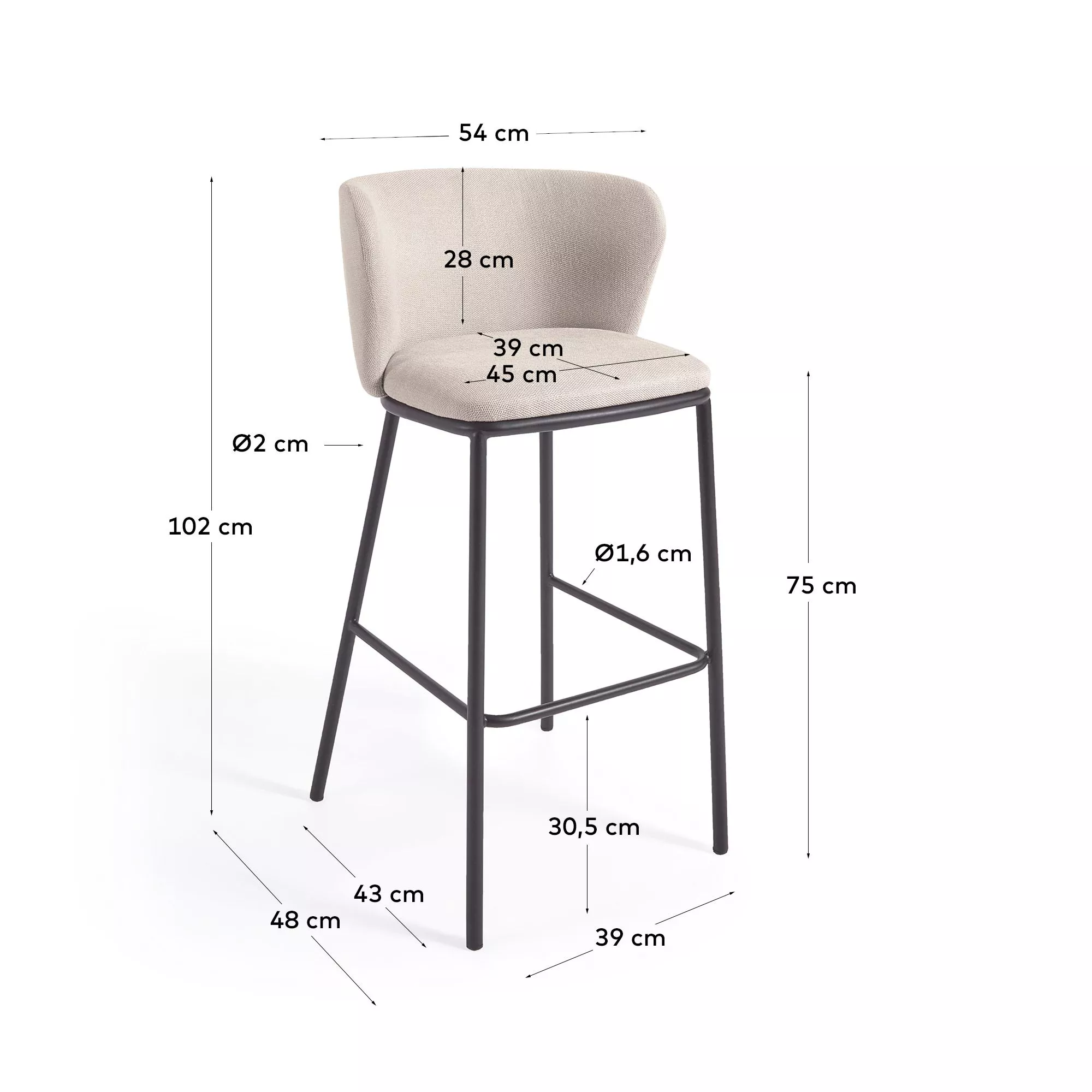 Барный стул La Forma Ciselia бежевая синель и черная сталь 75 см