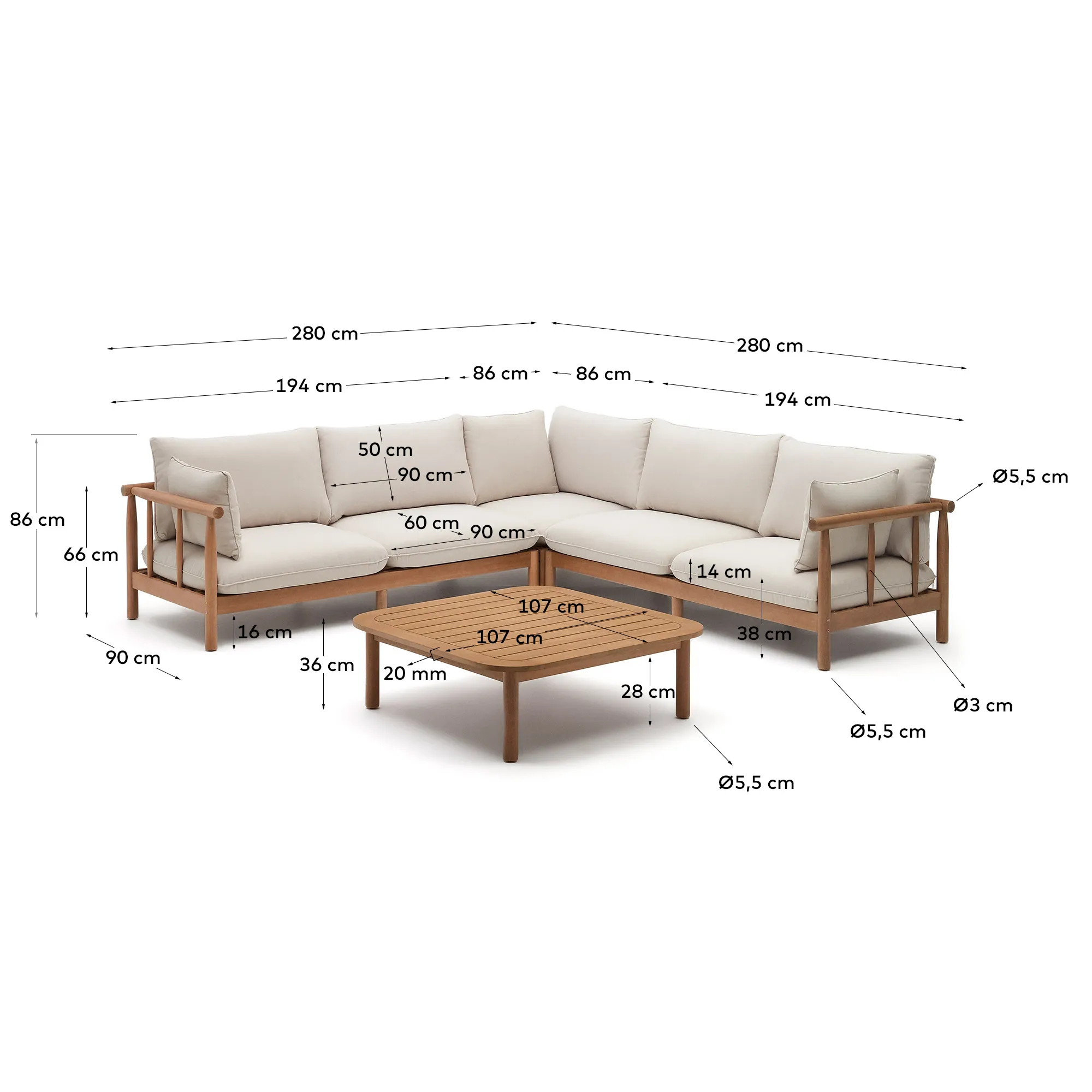 Комплект мебели La Forma Sacova 5-местный угловой диван и журнальный столик массив эвкалипта 158164