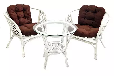 Комплект мебели из ротанга Багама дуэт с круглым столом белый (подушки твил обычные коричневые)