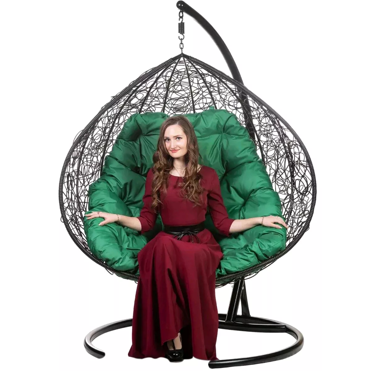 Двойное подвесное кресло Bigarden Gemini black с зеленой подушкой